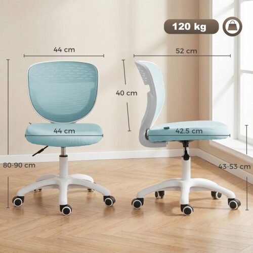 Light Blue Mesh Office Chair, Armless & Adjustable 2