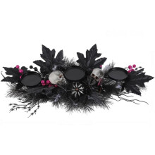Halloween Skull Candle Holder Centerpiece 3 Pillar Candleholder Black Maple Leaves Spooky Table Decor Without Light