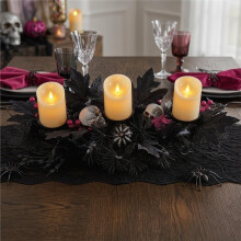 Halloween Skull Candle Holder Centerpiece 3 Pillar Candleholder Black Maple Leaves Spooky Table Decor with Light