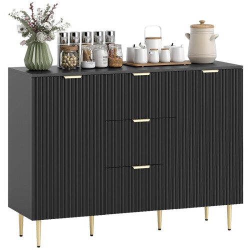 2-Door Sideboard with 3 Drawers and Adjustable Shelves - Black