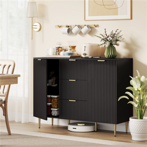 2-Door Sideboard with 3 Drawers and Adjustable Shelves - Black 2
