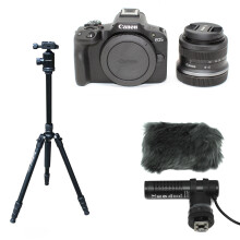 Canon EOS R50 (RF-S 18-45) with Tripod & SanDisk 128GB 200MB/s & Canon Mic DM-E100
