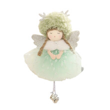 (Green) Christmas Antlers Angel Ornament Doll Plush Lamb Wool Lace Tutu Wings Hanging Decoration Tree Accessories