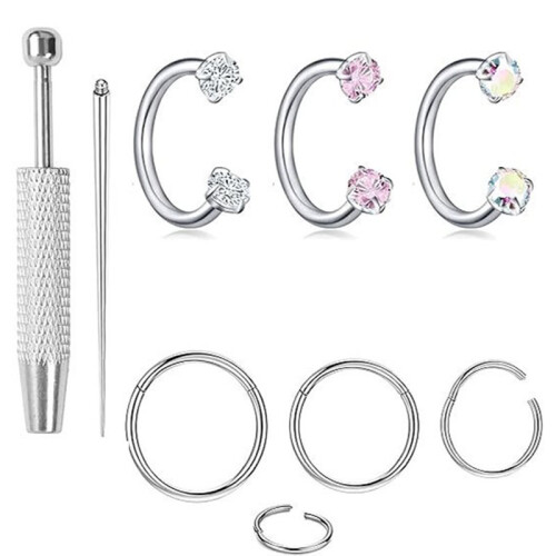 Horseshoe Nose Ring Silver Double Gem for Septum Cartilage Piercing