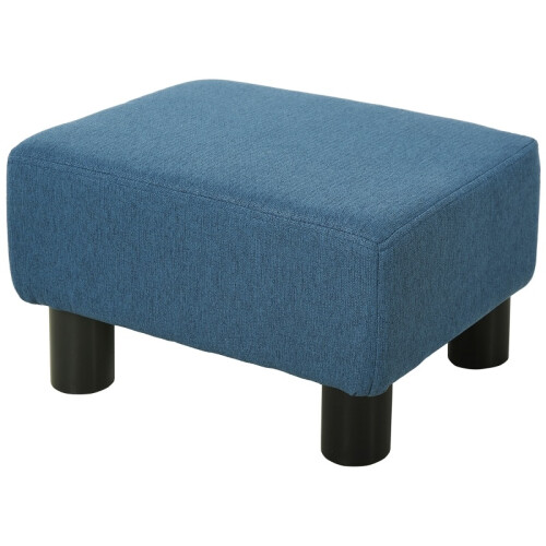 (Blue, Linen) Blue Linen Footstool Ottoman Cube