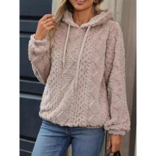 (Apricot, L 1pcs) Shanrong Winter Fleece Jacquard Fabric Long Sleeve Loose Hooded Pullover Sweatshirt for Women