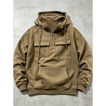 (Light blue, S     1pcs) Men's Retro Workwear Hoodie Half Zip Oversize Multi-Pocket Solid Color Pullover Casual Streetwear