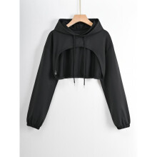 (Black, M 1pcs) Women's thin scale-pattern cloth hooded short top with long sleeves, exposing the navel