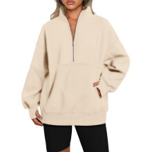 (Gray, S 1pcs) Women's Fleece Hoodie with Pockets, Half Zip, Loose Fit, Contrast Collar, Warm Lined
