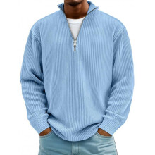 (Khaki color, S 1pcs) Men's Corduroy Long Sleeve Polo Shirt with Stand Collar & Zipper, Casual Fall Winter Pullover Sweatshirt