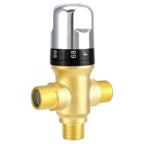 Thermostatic Mixing Valve, Solid Brass Pipe Water Valve with Temperature Control - 1/2 NPT - Includes 3 Adapters, 2