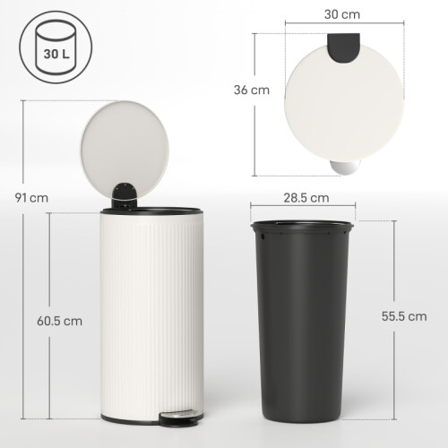 Kitchen Bin, 30 Litre Pedal Rubbish Bin with Removable Bucket, Cream 2