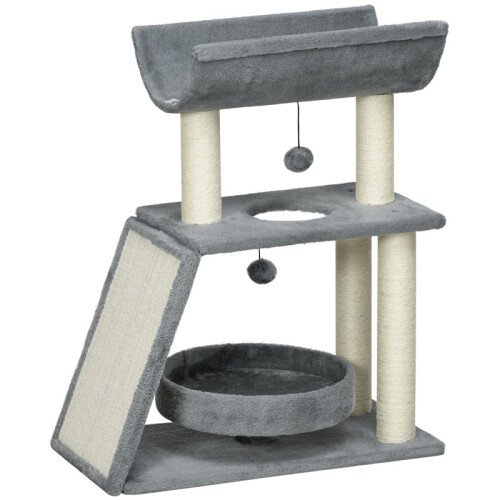 Cat Tree Tower, with Scratching Posts, Pad, Bed, Perch, Toy Ball - Light Grey 1