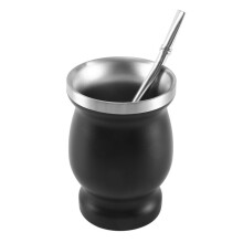 Double-Wall Stainless Yerba Mate Gourd Tea Cup Set Coffee Water Cup with 2 Bombillas Straws Spoon&Clean Brush 8Oz Black