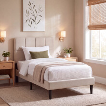 (Beige Linen, Single) Velmora Ottoman Fabric Bed Frame Under Bed Storage, Upholstered Headboard & Gas Lift Storage Base-Bedroom Furniture