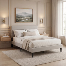 (Beige Linen, Double) Vandura Fabric Bed Frame Under Bed Storage, Upholstered Headboard & Gas Lift Storage Base-Bedroom Furniture