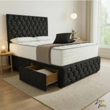 (3ft Single(No Drawers), Black(with Mattress)) Divan Bed Set Chesterfield Plush Velvet Upholstered with Mattress Drawers Storage Bed