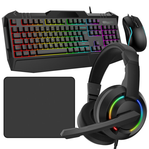 Gaming Keyboard and Mouse Headset Mat Set Rainbow LED USB Wired For PC Laptop UK
