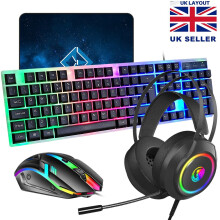 Rainbow LED USB Gaming Keyboard and Mouse Headset Set For PC Laptop PS4 PS5 Xbox