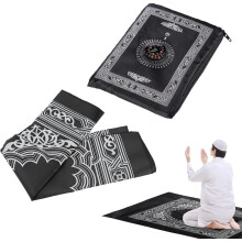 POCKET PRAYER MAT BLACK JA NAMAZ WITH QIBLA KAABA COMPASS IN POUCH