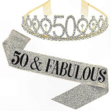 50th Birthday Sash & Tiara Set - Gold Rhinestone Crown, 50 And Fabulous Party Favors