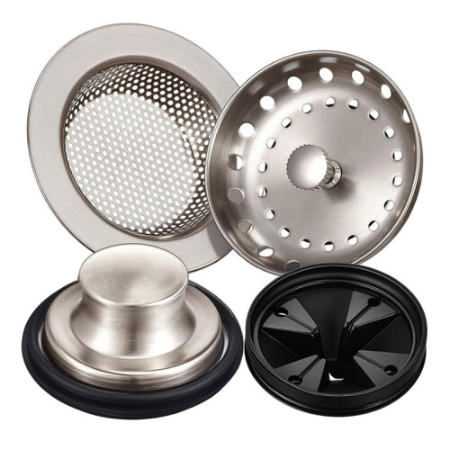 4 Pcs Brushed Silver Kitchen Sink Accessories, 3.4" Garbage Disposal  Guards, Drain Strainer & Stopper Set