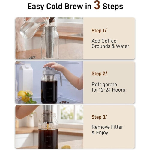 Cold Brew Coffee Maker - 2 Quart 64oz Stainless Steel Filter Cold Brew Pitcher Jar, Cold Brew MasonJar Coffee Maker