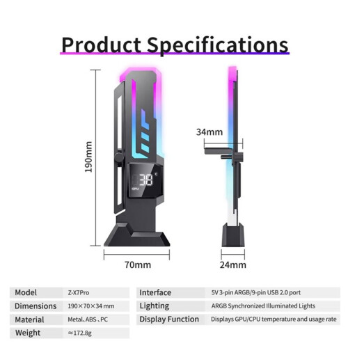 ARGB Gaming  Card Bracket with Temperature Display Magnetic Sole Metal Frame Easy to Install GPU Stand Black 1