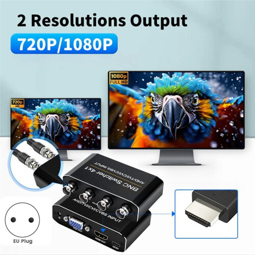 4x1 BNC Switcher AHD TVI CVI CVBS to -Compatible VGA Simultaneous Output Video Converter with Remote EU PLUG 1
