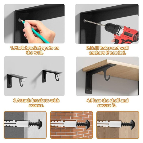 4Pack Closet Rod Bracket Support 300lbs Capacity 12 Inch Wall Mounted L-Shaped Shelf Brackets with Hooks 2