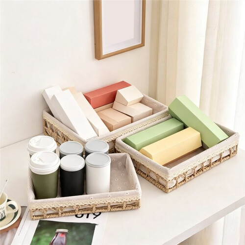 Hand Woven Desktop Weaving Basket Hollow Out Cosmetics Organizer Tray Stylish Rectangular Straw Storage Basket Bin 1