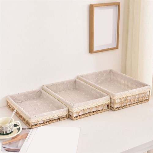Hand Woven Desktop Weaving Basket Hollow Out Cosmetics Organizer Tray Stylish Rectangular Straw Storage Basket Bin 2
