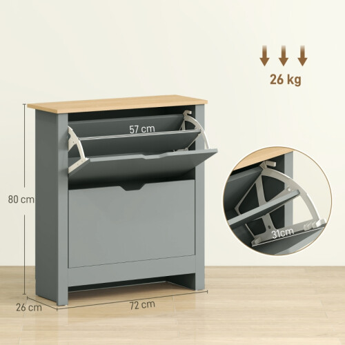 (LIGHT GREY, Engineered Wood) Slim Shoe Cabinet with 2 Flip Drawers, Light Grey 2
