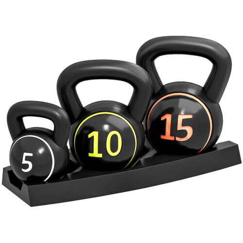 Three-Piece Kettlebell Set, 5lbs, 10lbs, 15lbs with Storage Tray