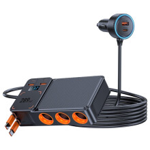 289W Car Cigarette with 3in1 Multi-Port PD Flash Charge and USB Fast Charge with Retractable Cable Converter Plug
