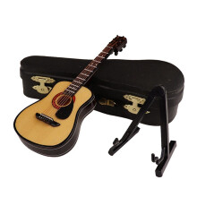 E-Wooden Miniature Guitar with Stand and Case Musical Instrument Miniature Doll House Model Home Decoration