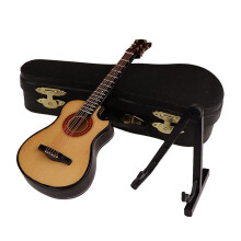 B-Wooden Miniature Guitar with Stand and Case Musical Instrument Miniature Doll House Model Home Decoration