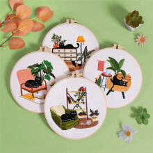 5 Sets Embroidery Kit for Beginners Adults , Hand Embroidery Kit Includes Leisure Cat, Hoop, Color Threads, Tools