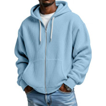 (Green, M 1pcs) Mens Hooded Zip Up Waffle Drop Shoulder Sweatshirt Casual Loose Fit Men's Jacket Coat