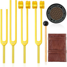 Stimmgabel-Set für Heilzwecke (Gold) - Enthält 128 Hz, 136,1 Hz, 256 Hz, 384 Hz und Einen Aktivator für Chakra, Yoga und Meditation