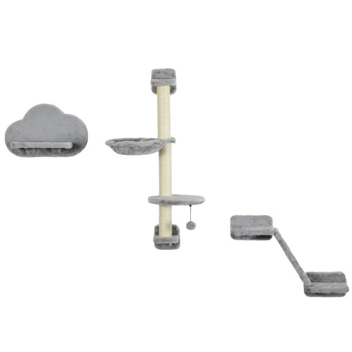 Three-Piece Wall-Mounted Cat Shelves, with Hammock, Ladder, Platforms, Scratching Post - Grey 1