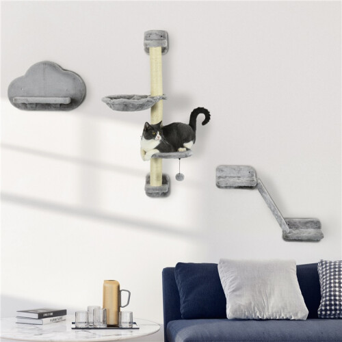 Three-Piece Wall-Mounted Cat Shelves, with Hammock, Ladder, Platforms, Scratching Post - Grey 2