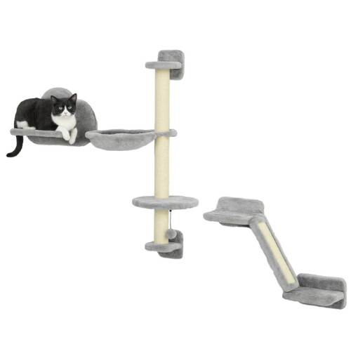 Three-Piece Wall-Mounted Cat Shelves, with Hammock, Ladder, Platforms, Scratching Post - Grey