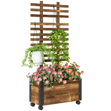 Raised Garden Bed with Trellis, Outdoor Wooden Planter Box with Metal Corners and Wheels, Raised Bed for Garden