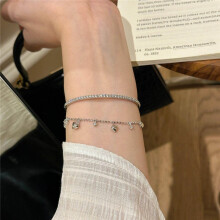 (Silver heart-shaped tassel diamond bracelet (2PCS)) Dainty Pearl Beaded Bracelet Gold Tone Crystal Charm Women Daily Wrist Jewellery