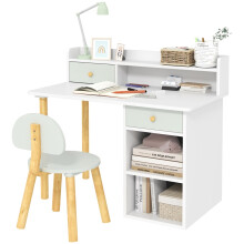 Two-Piece Children Study Table with Hutch, Kids Desk and Chair Set with Storage, Drawer, Shelves, Green