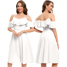 Elegantes Cocktailkleid, Abendkleid, Midi, schulterfrei, Sommer, Weiß, XL — hochzeitsgast kleid, festliche damenmode