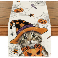 Tischläufer Halloween Katze Kürbis Ästhetisch Orange Weiß 40x240 cm — herbst tischdeko, tischdecke halloween party