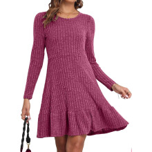 Damen Strickkleid A-Linie Langarm Puffärmel Casual Rosa L — winterkleid damen, herbstkleid gestrickt, pulloverkleid rosa
