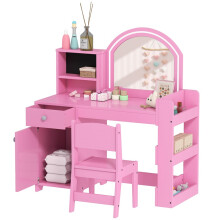 Kids Vanity Table and Chair Set, Girls Dressing Table with 2-Colour LED Mirror, Stool, Cabinet, Drawer, Shelves, Pink